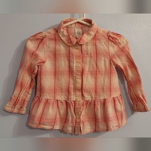 Baby Gap pink white plaid full button down shirt elastic sleeves  3yr collared